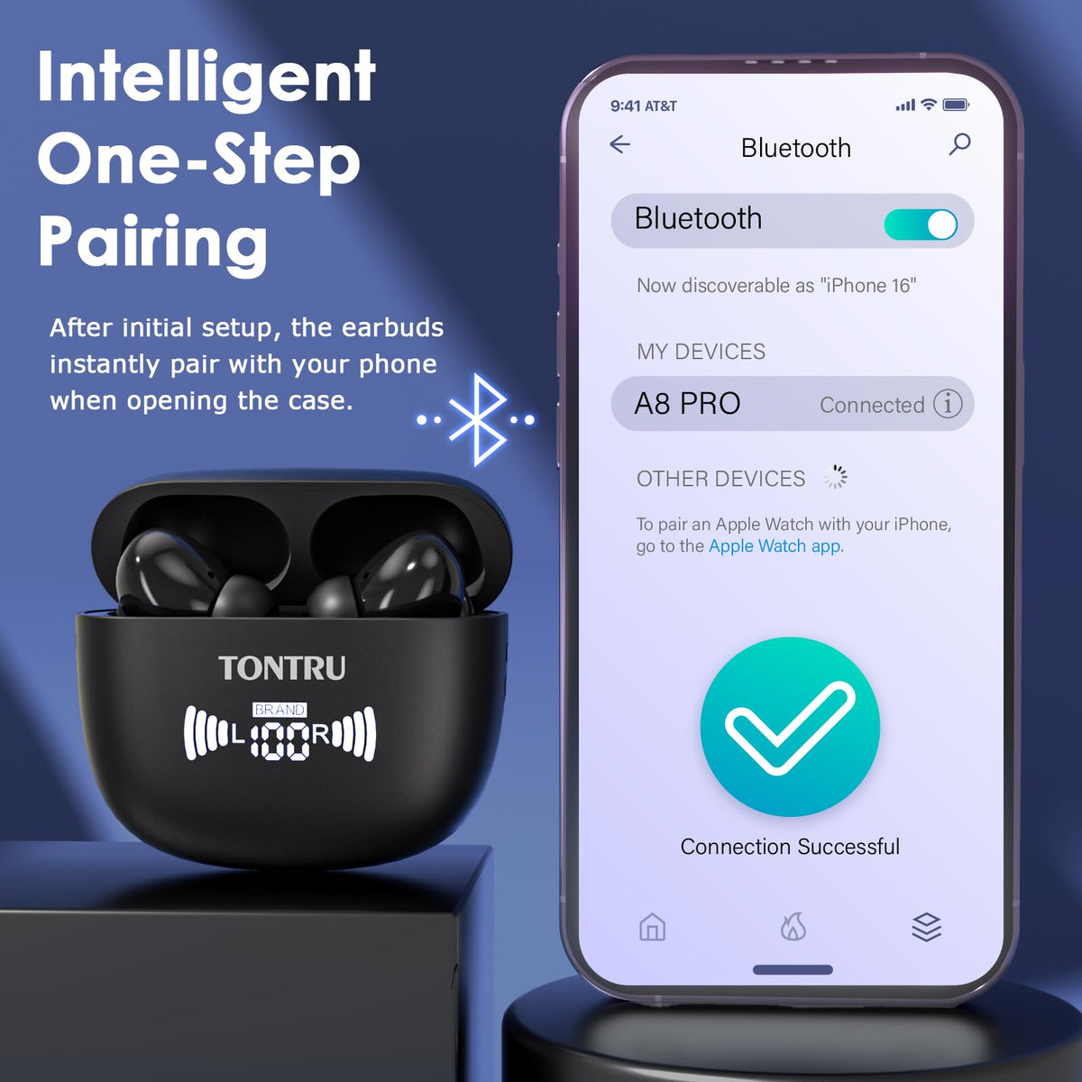 TONTRU charging case open with LED display visible, benefit of real-time battery status