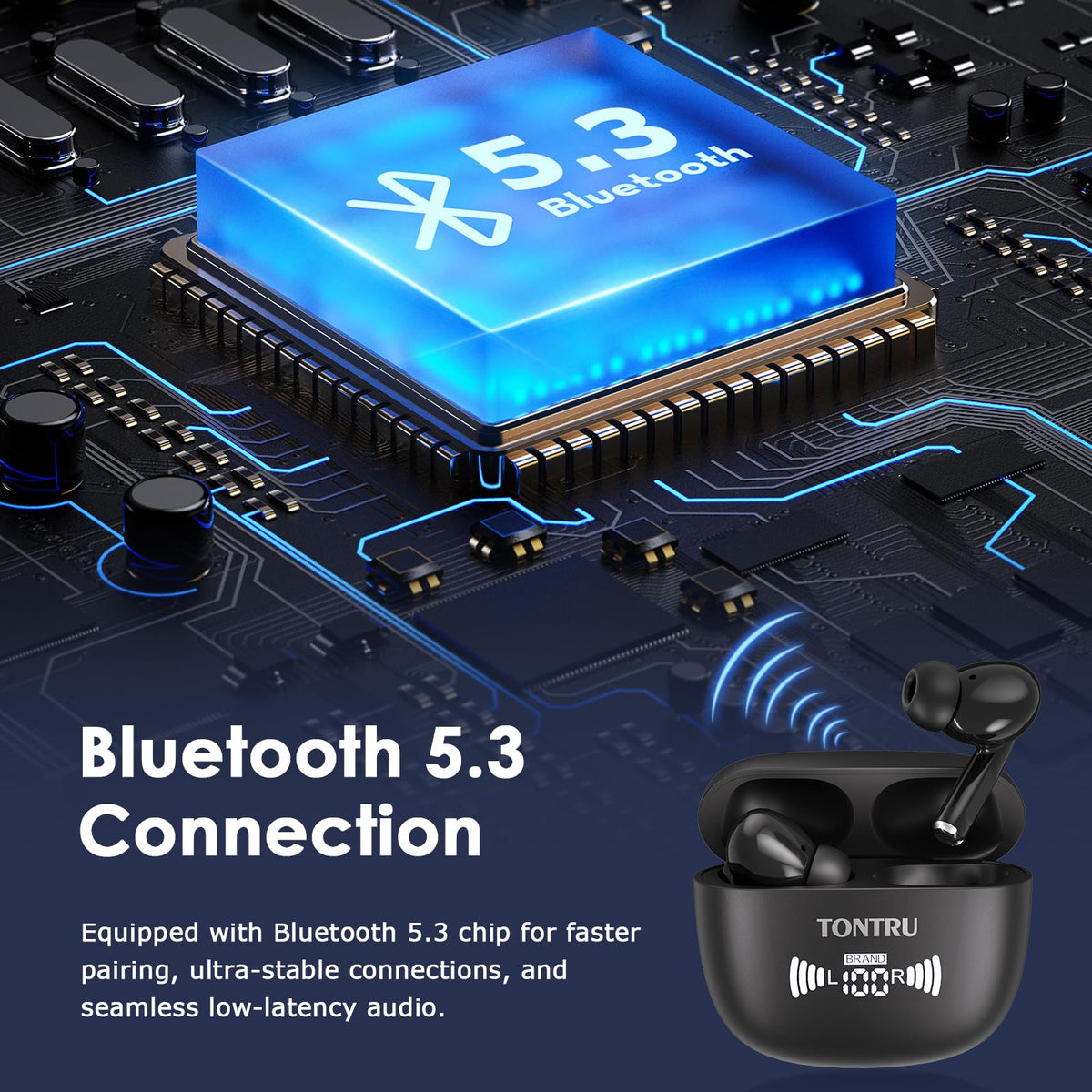 TONTRU earbud held in hand to show scale, benefit of compact lightweight design