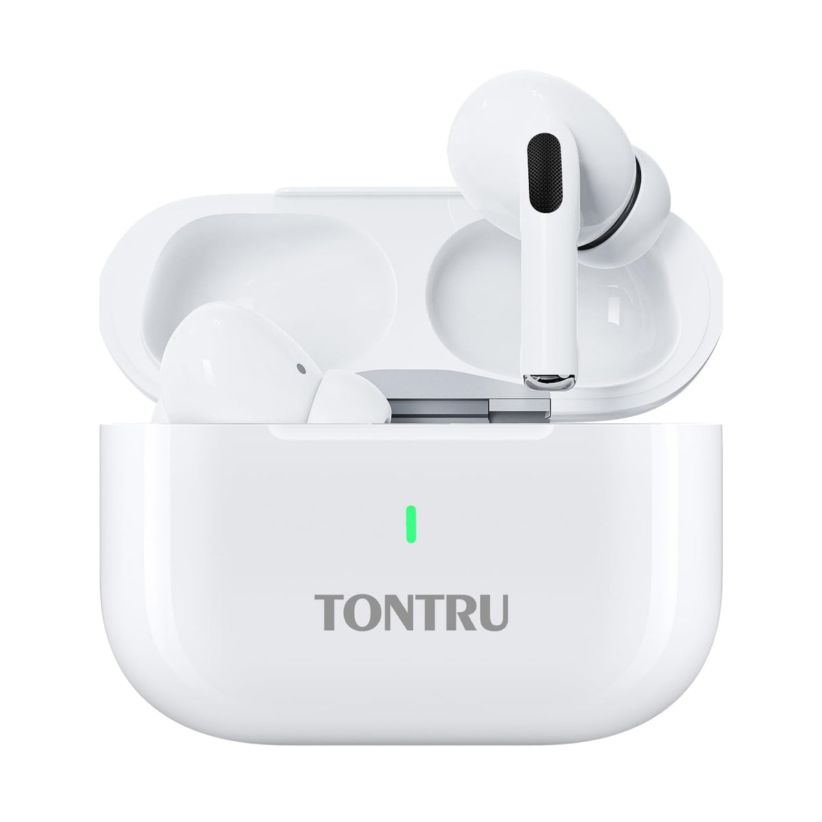 TONTRU wireless earbuds in charging case for rapid USB-C recharge and all-day power.