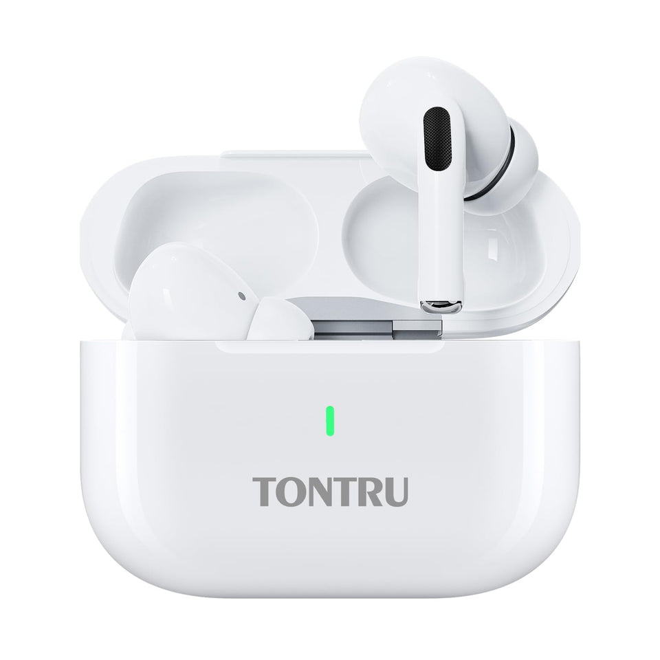 TONTRU wireless earbuds in charging case for rapid USB-C recharge and all-day power.