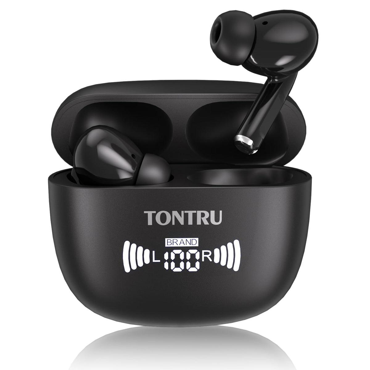 TONTRU front packaging showing earbuds and case, clear product presentation and benefit