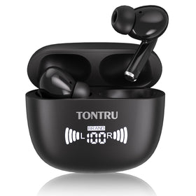 TONTRU front packaging showing earbuds and case, clear product presentation and benefit