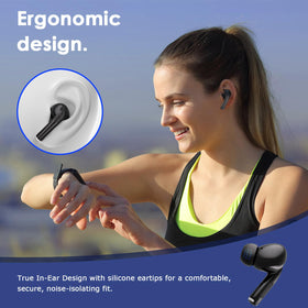 TONTRU earbuds with water splashes illustrating IPX4 rating, benefit of sweat protection