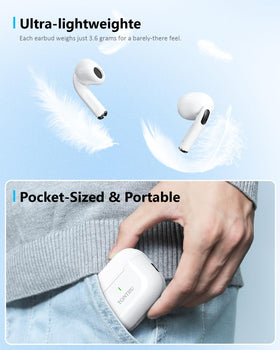 TONTRU wireless headphones lightweight design at 3.6 g per earbud for comfort.