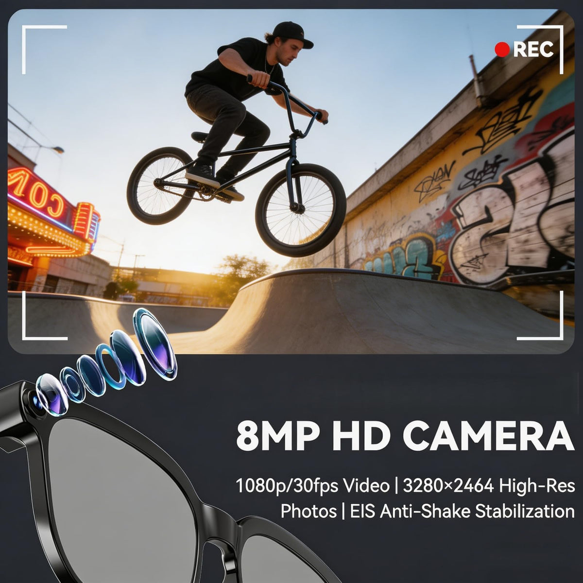 TOONEWABLE AI Smart Glasses record 4K and 1080p video on the move.
