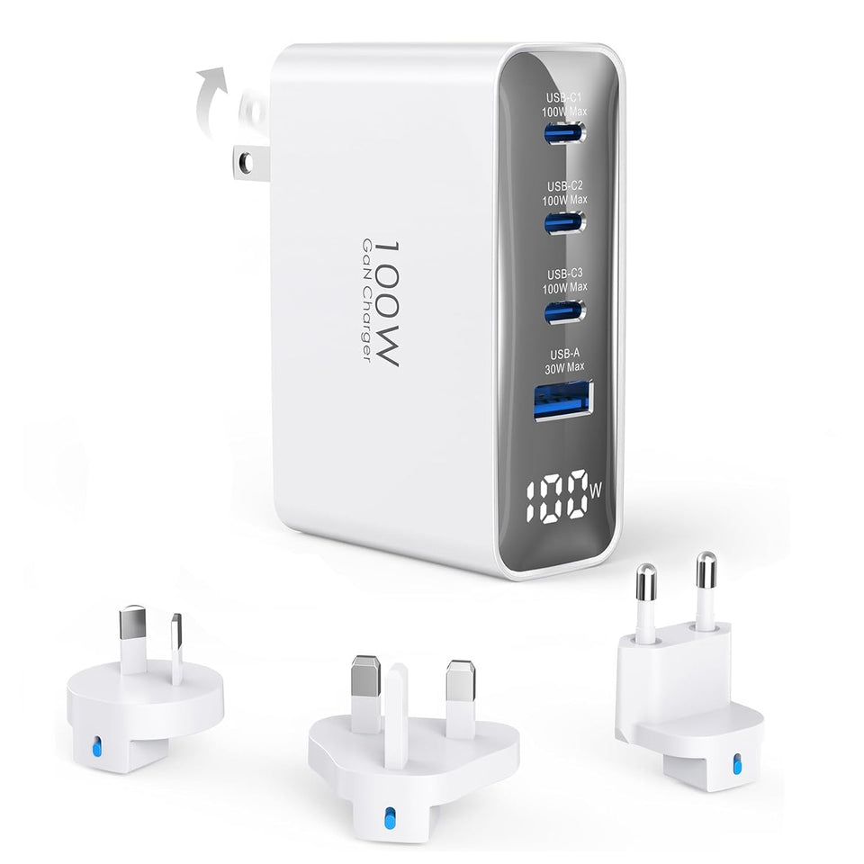 Topadre 100W travel charger with foldable plug enables universal charging on the go.