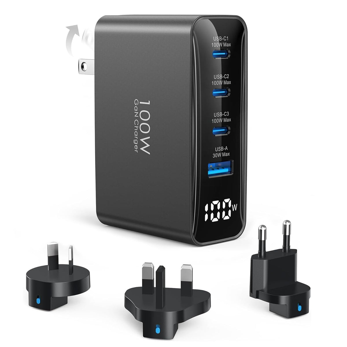 TOPADRE 100W USB-C travel charger folded design for easy packing and global use