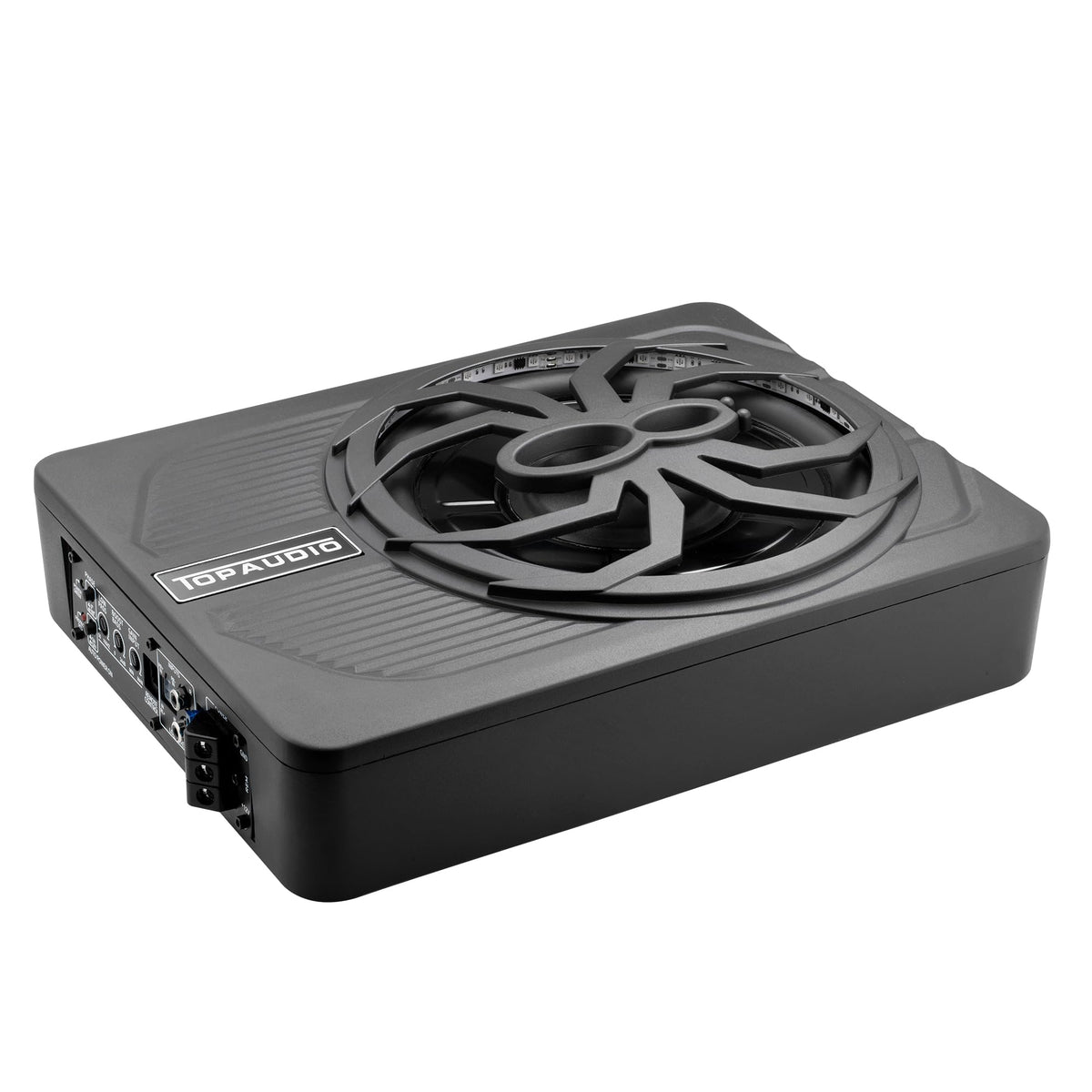TOPAUDIO front view of slim underseat subwoofer showing compact design and stealthy look