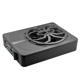 TOPAUDIO front view of slim underseat subwoofer showing compact design and stealthy look