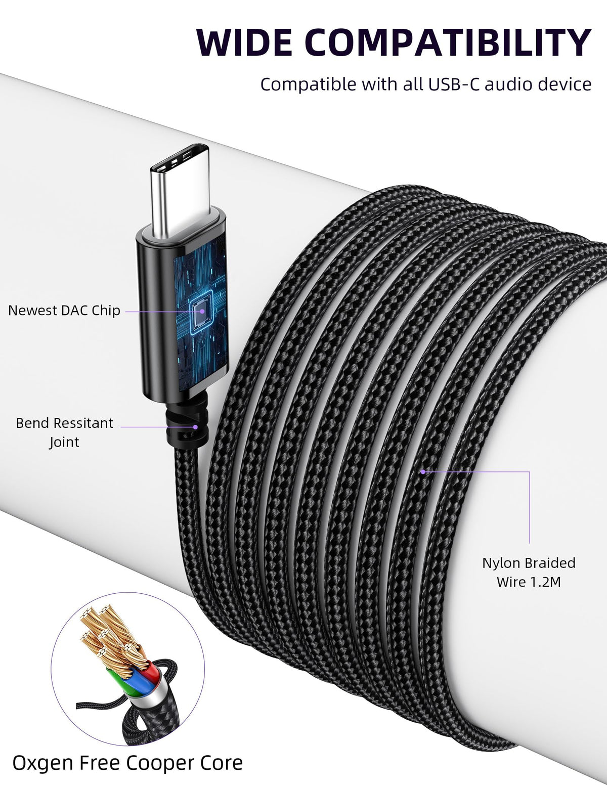 TOPAUX braided cable and cable clip detail demonstrating tangle resistance benefit