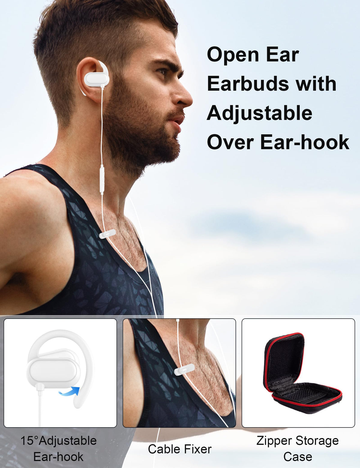 Topaux open-ear design with adjustable hooks shown for comfortable fit