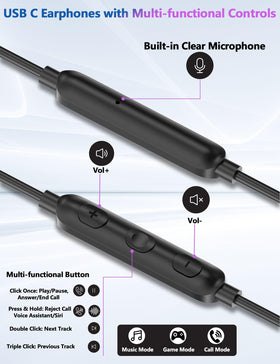 TOPAUX USB-C earphones with inline mic for calls and quick controls.