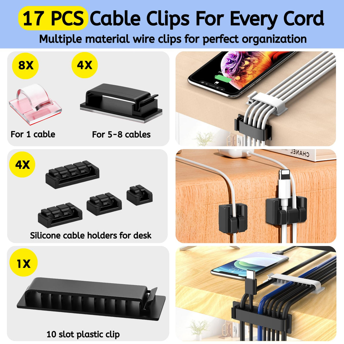 Topavatop cable-management-kit-contents include clips and sleeves for versatile wiring organization.