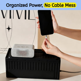 Topavatop power-strip-storage-inside-cover keeps outlets out of sight and dust-free under desk.