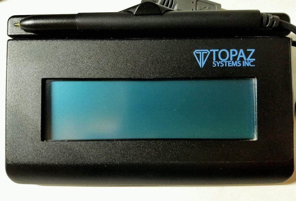 Topaz SignatureGem LCD display shows ink while signing for real-time feedback.