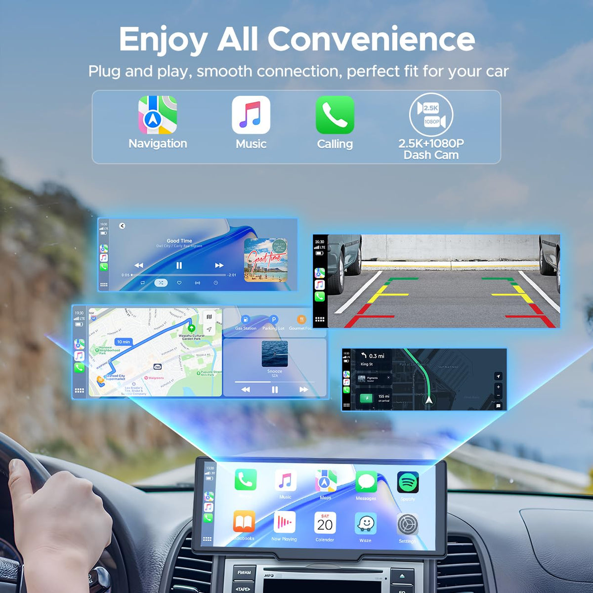 Topexplore 9.26-inch CarPlay screen rear dashcam enhances reversing safety.