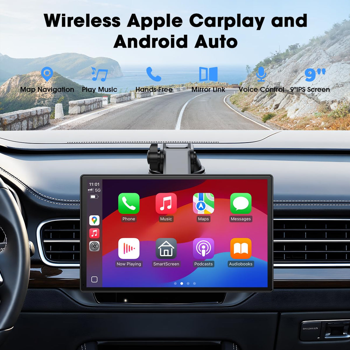 Topexplore 9-inch CarPlay Screen dash-mount setup for stability.