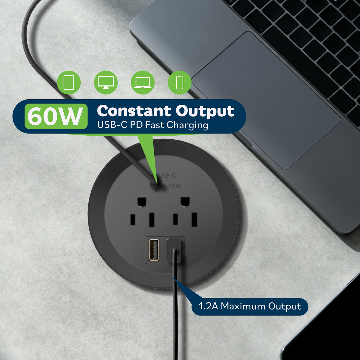 TOPGREENER close-up of USB-C PD port demonstrating 60W fast-charge capability for laptops
