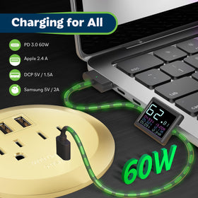 TOPGREENER detail of USB-C, USB-A ports and duplex outlets for versatile charging