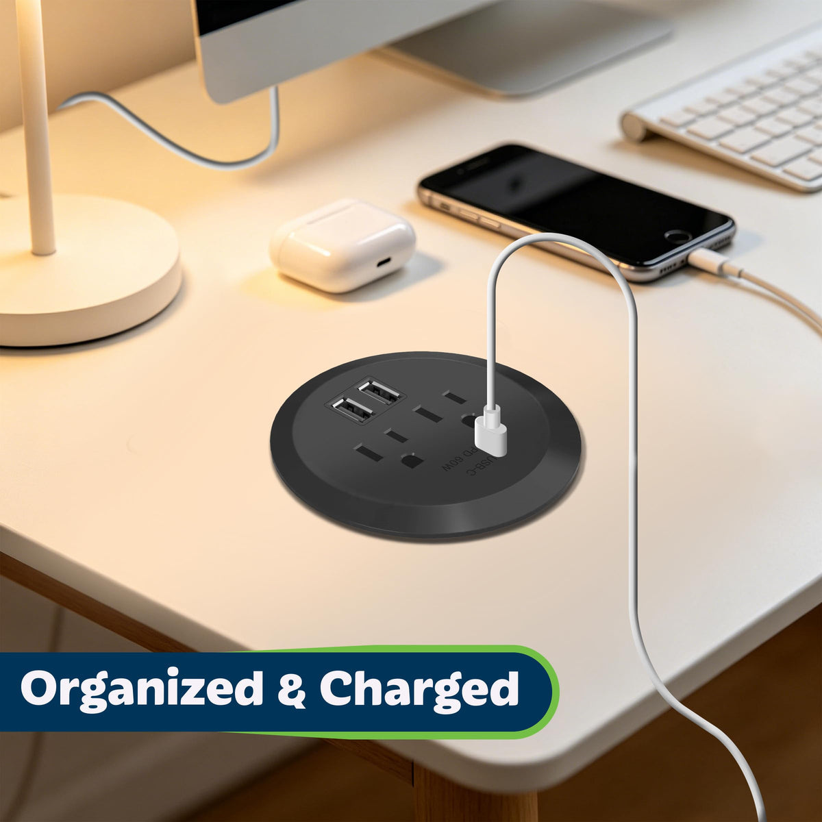 TOPGREENER top view focusing on USB-C, two USB-A ports and duplex outlet for versatile charging