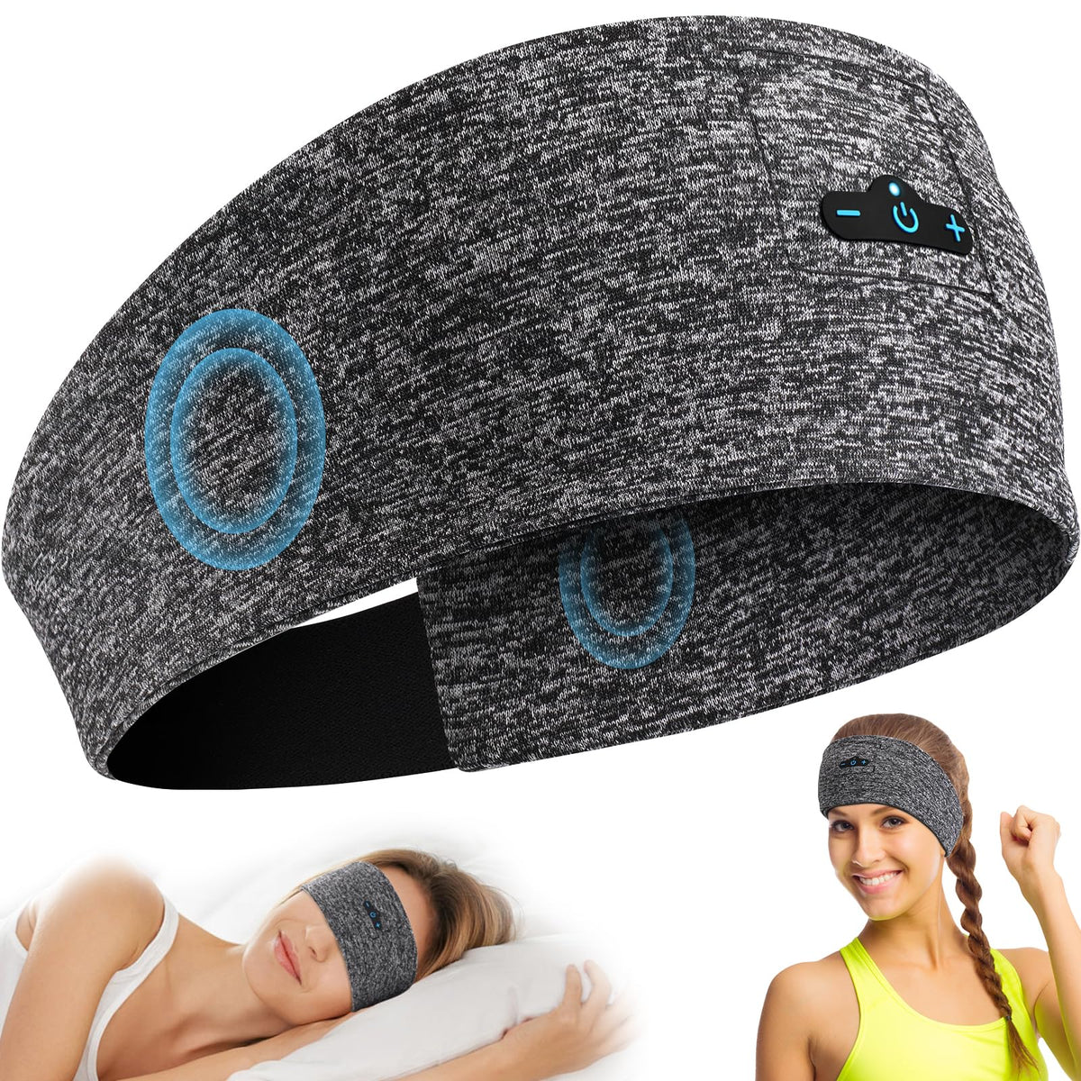 TOPIEI front view of grey headband showing slim profile and comfortable fit