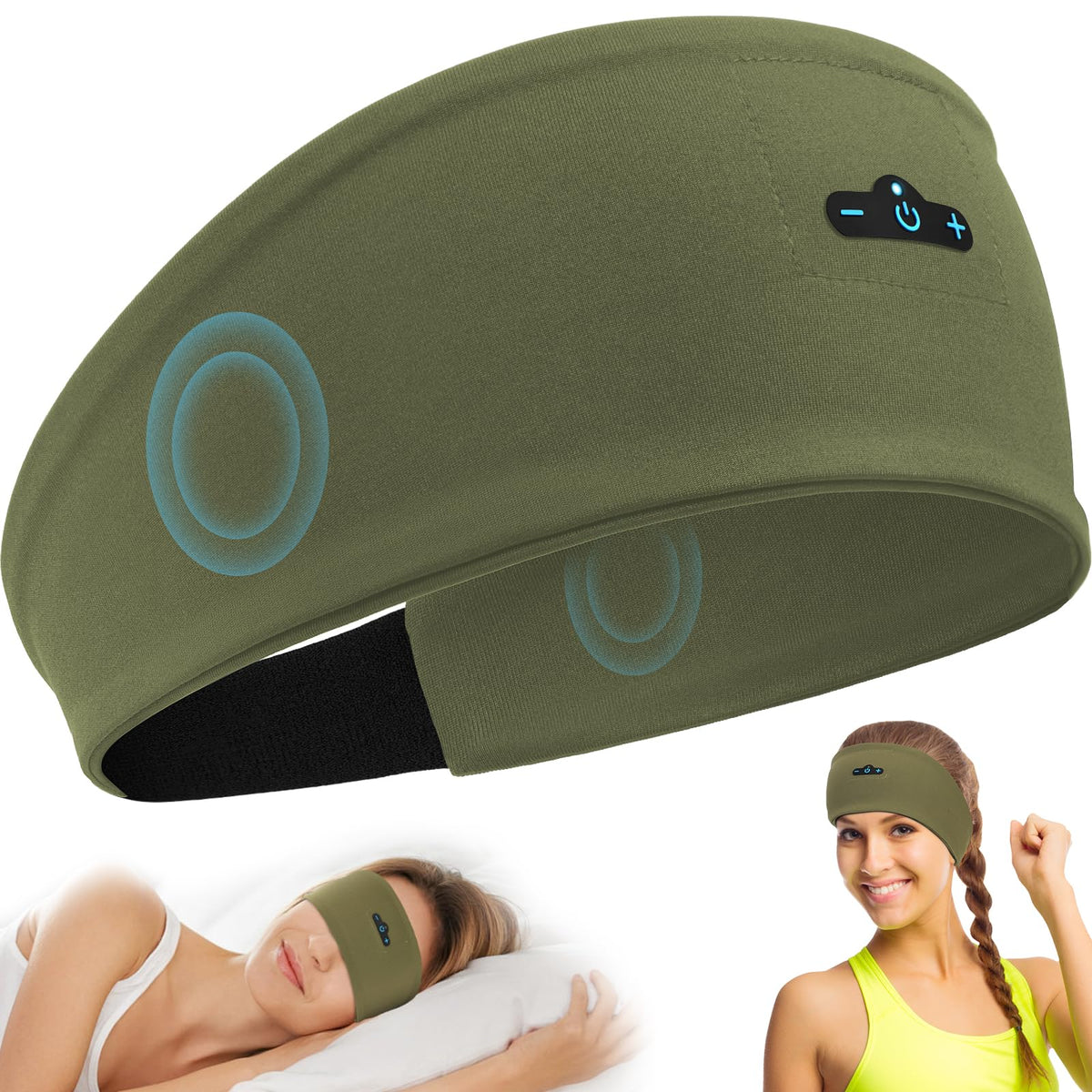 TOPIEI Sleep Headphones olive headband for comfortable listening during workouts.
