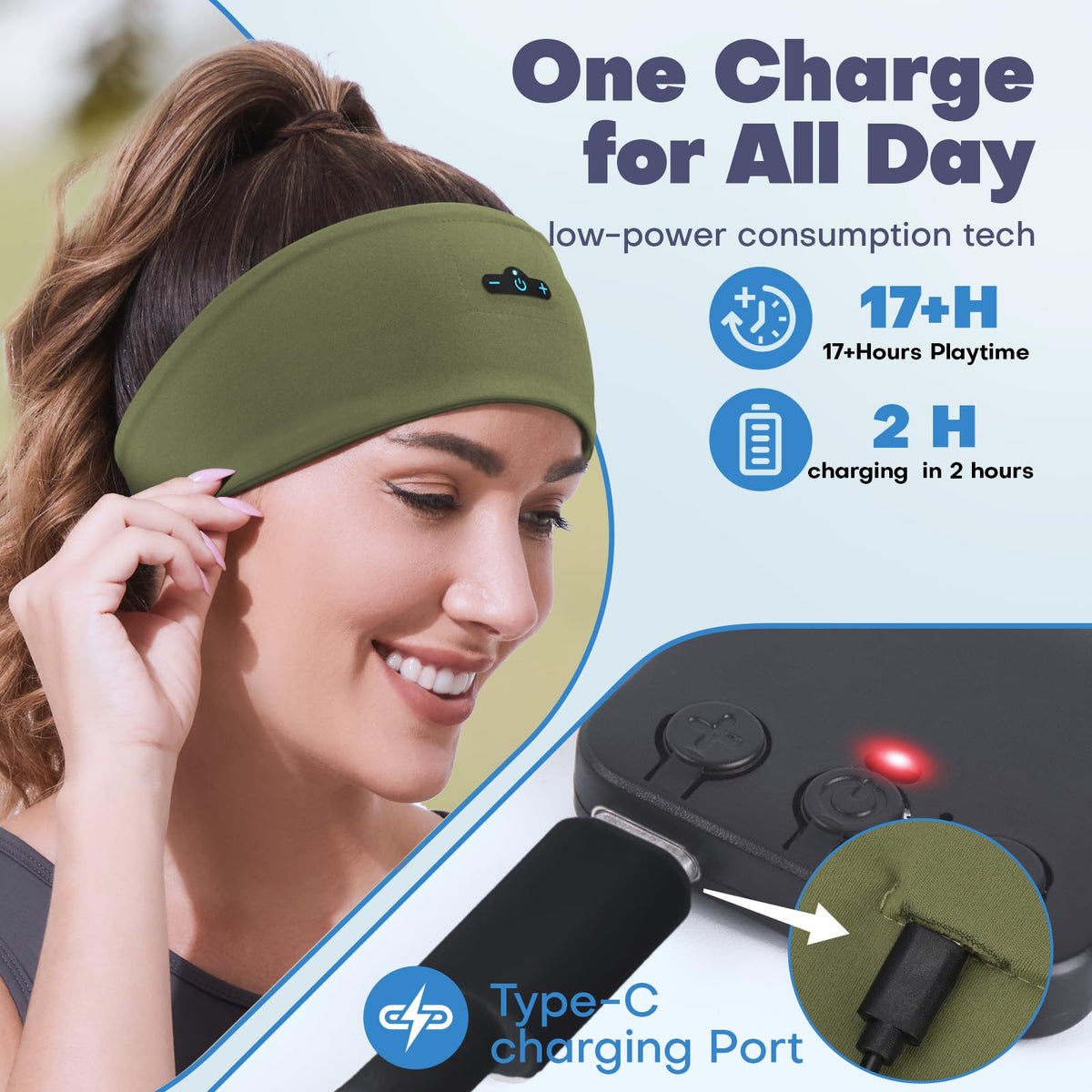 TOPIEI Sleep Headphones olive headband viewed from the side for discreet wear.