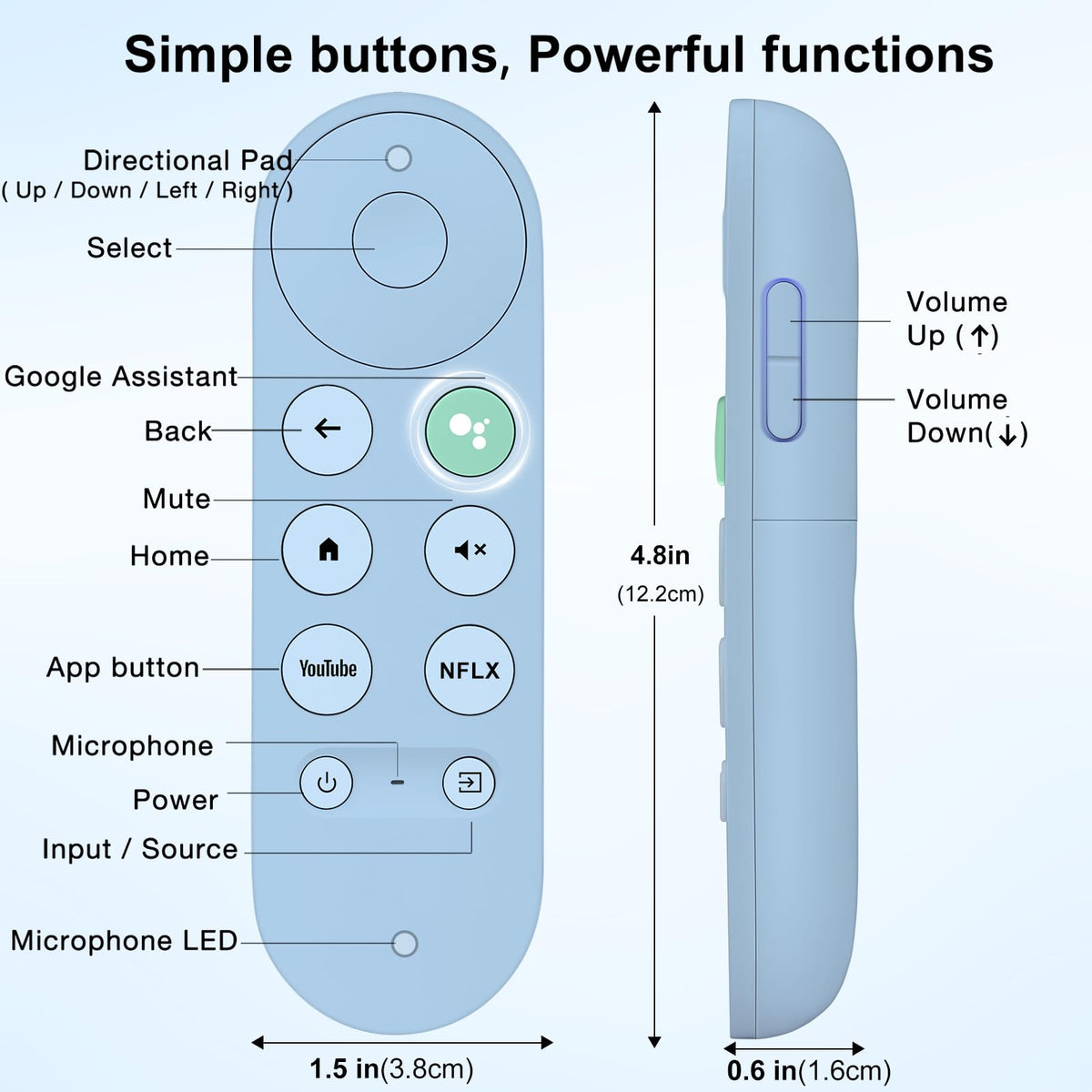 Close-up of button layout on TOPKIND blue remote.