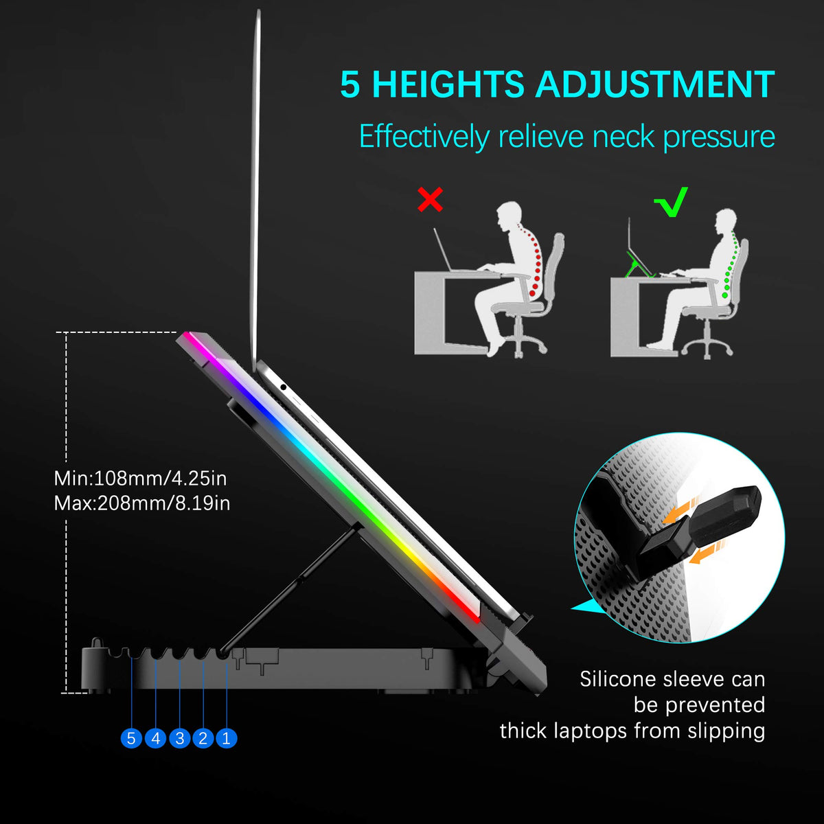 Front-right angle reveals quiet six-fan system ideal for long sessions.