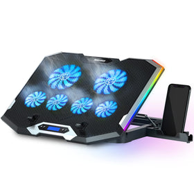 TopMate C11 cooling pad side view with blue LED enhances airflow for gaming laptops.