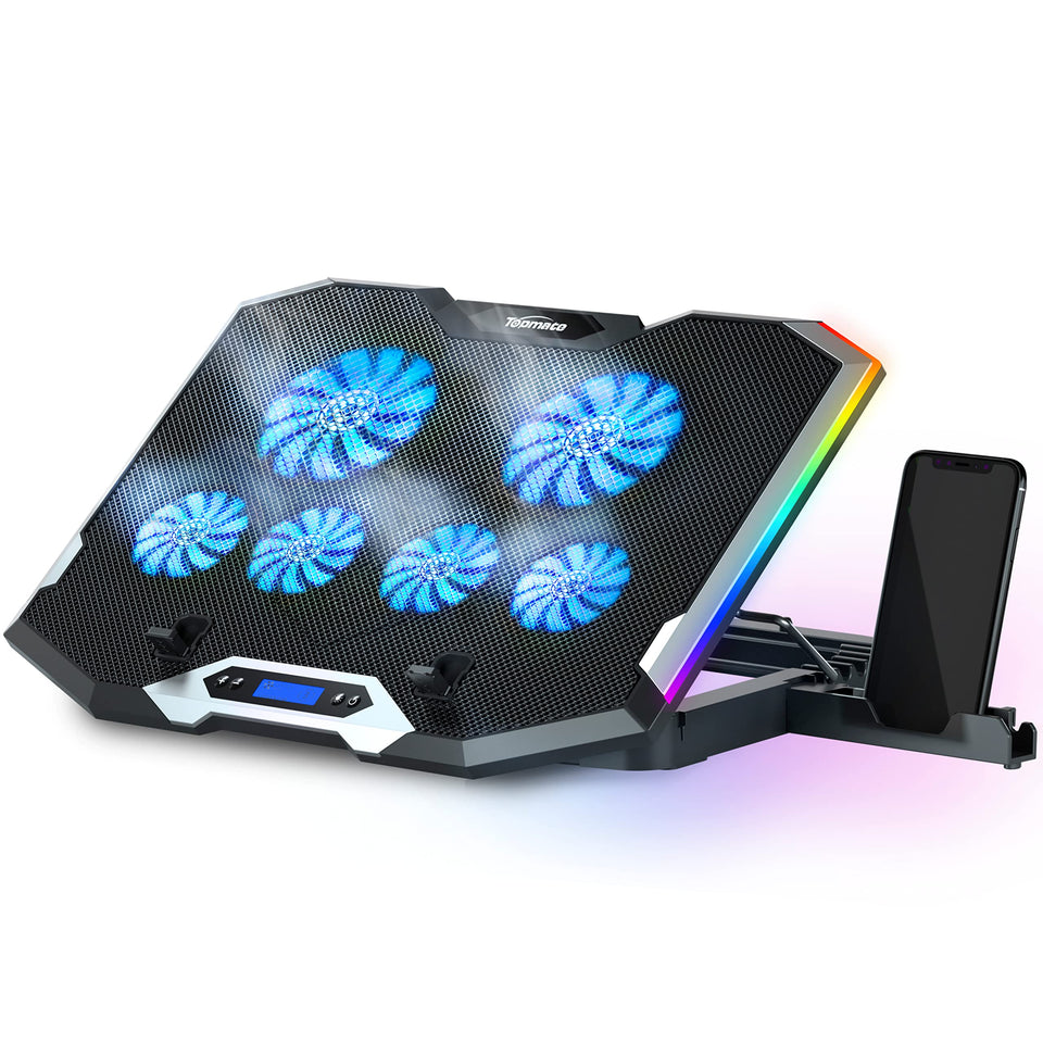 TopMate C11 cooling pad side view with blue LED enhances airflow for gaming laptops.