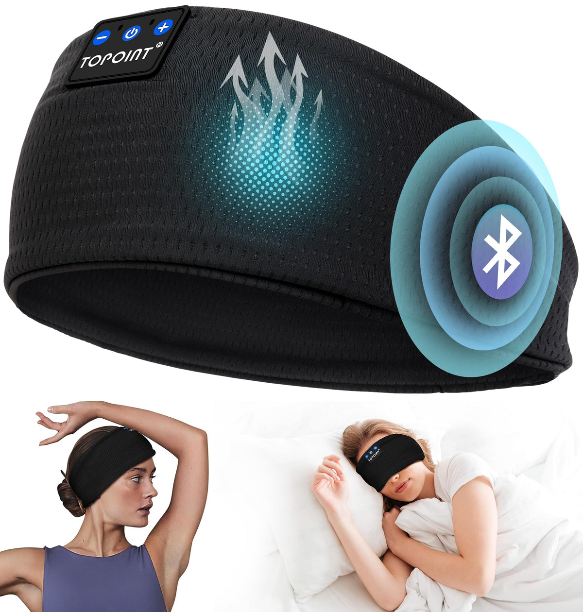 TOPOINT sleep headband worn on head for secure audio during workouts