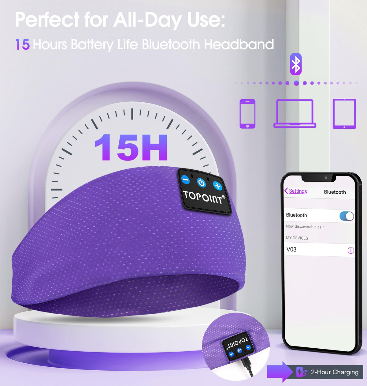 TOPOINT Sleep Headphones USB-C charging enables quick recharges for busy days.