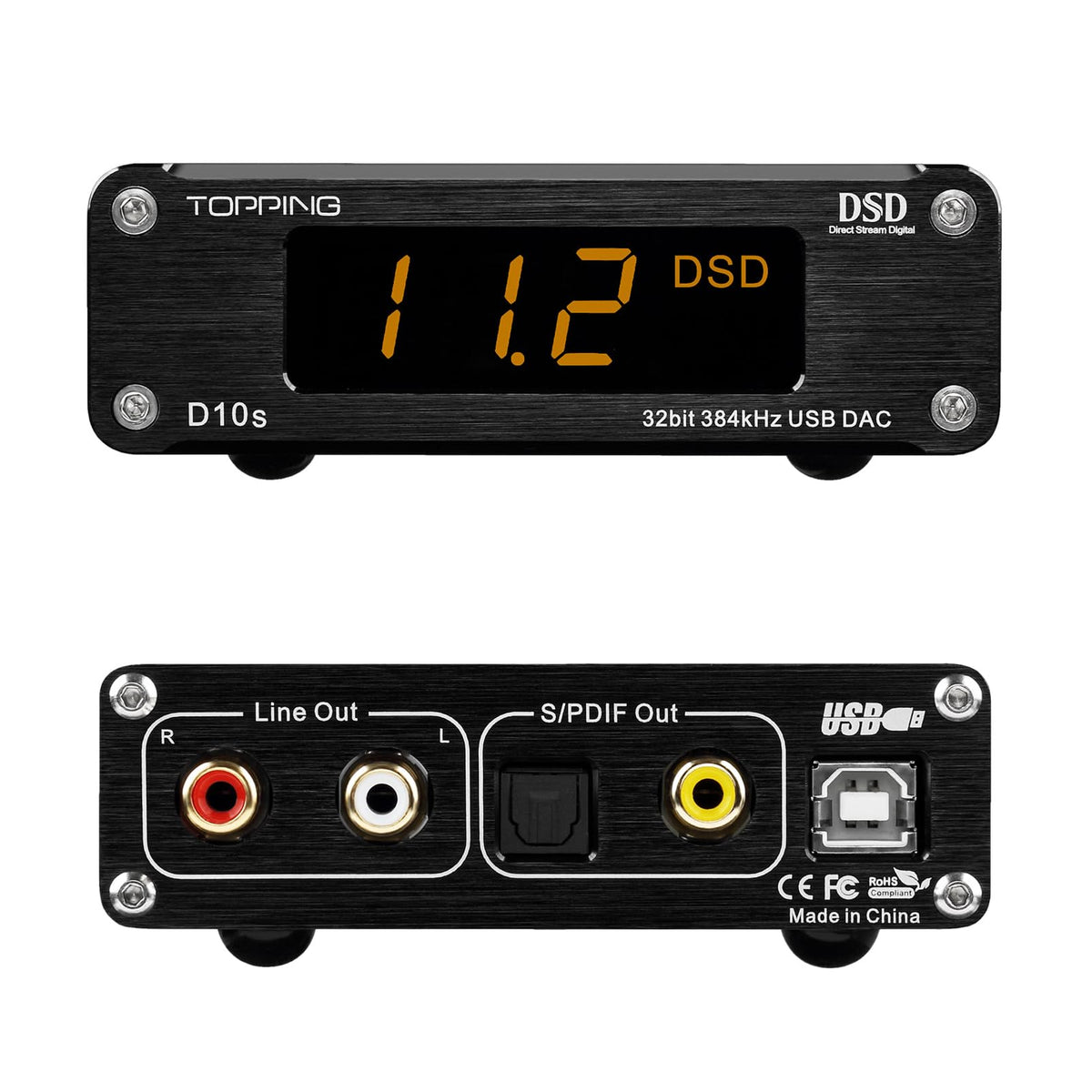 TOPPING D10s front panel with intuitive controls for quick desktop listening