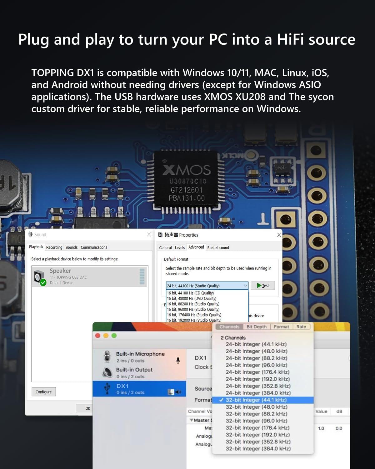 TOPPING DX1 close-up reveals AK4493S chip and precise audio paths.
