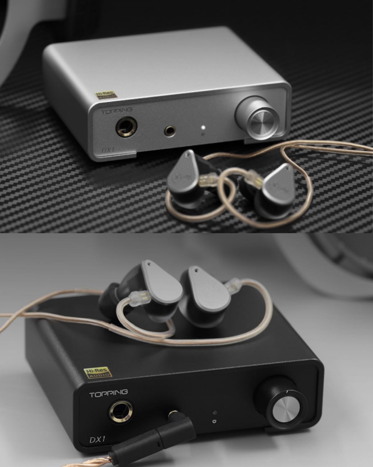 TOPPING DX1 in-use setup shows desktop and portable listening scenarios.
