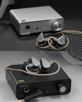 TOPPING DX1 in-use setup shows desktop and portable listening scenarios.