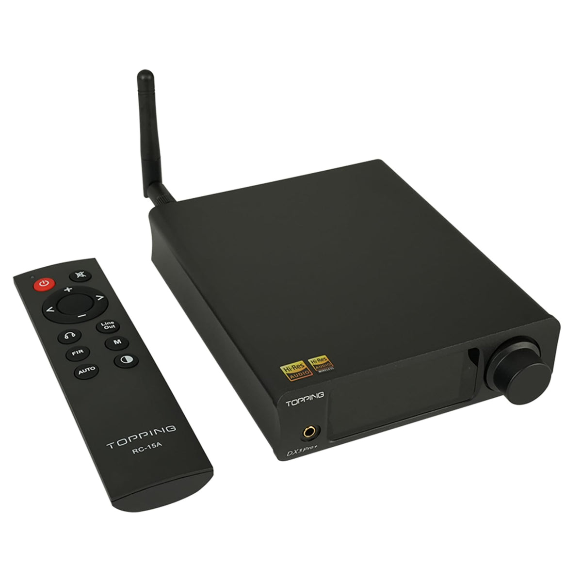 TOPPING DX3Pro+ front view for desktop listening with compact form and easy access.