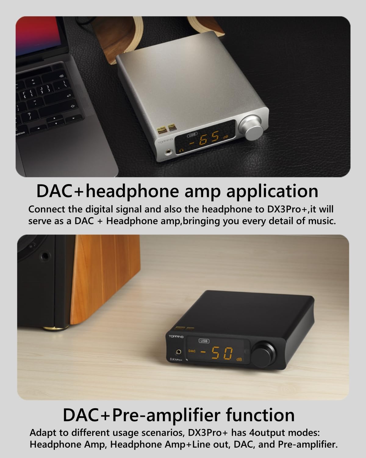 DX3Pro+ USB/Coax/Optical connections image emphasizes versatile digital input options.
