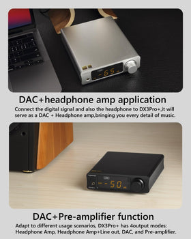 DX3Pro+ USB/Coax/Optical connections image emphasizes versatile digital input options.