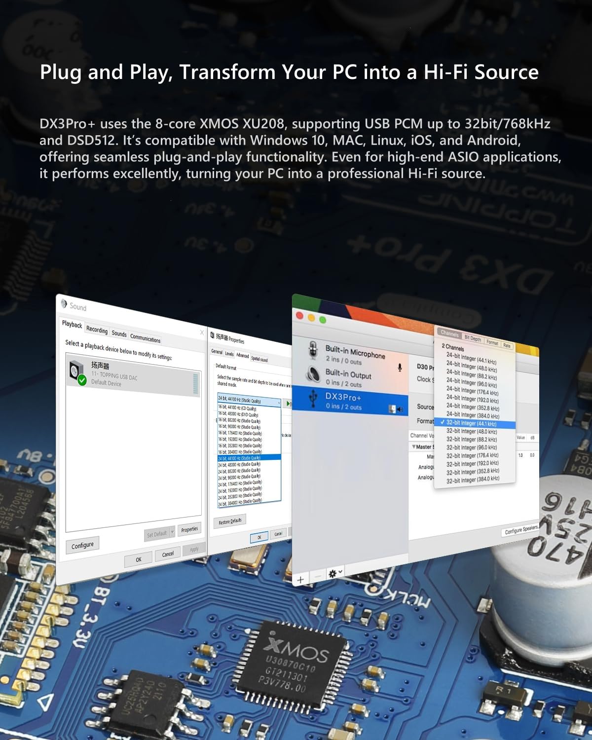 TOPPING DX3Pro+ ES9038Q2M DAC chip delivering low distortion and detail.