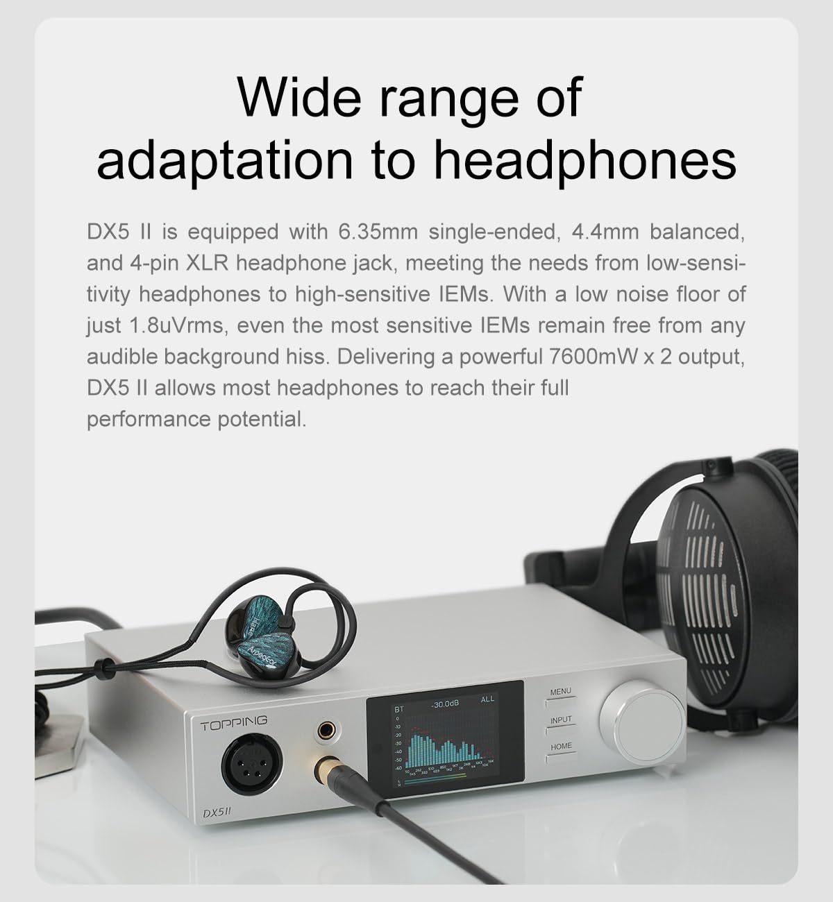 KGUSS Topping DX5II 4.4 mm balanced output delivers clean, powerful drive.