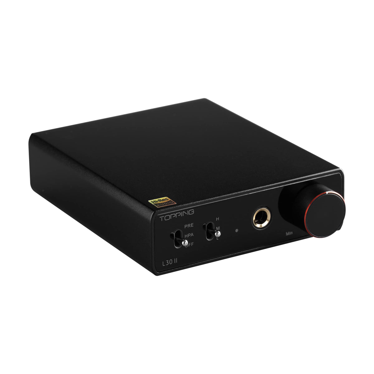 TOPPING L30II NFCA front view shows compact desktop design for focused listening.