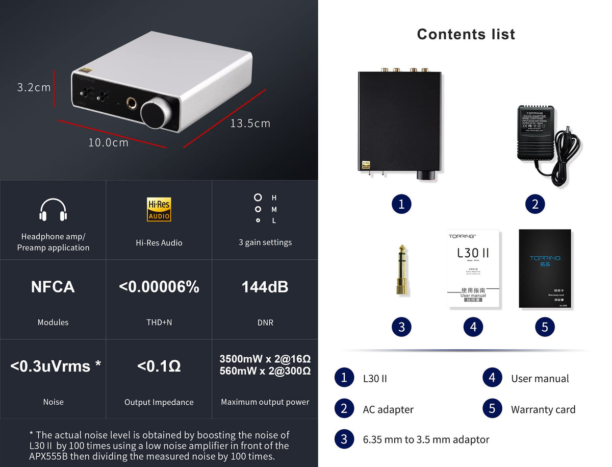 TOPPING L30II NFCA dual headphone jacks for 6.35mm and 3.5mm listening.