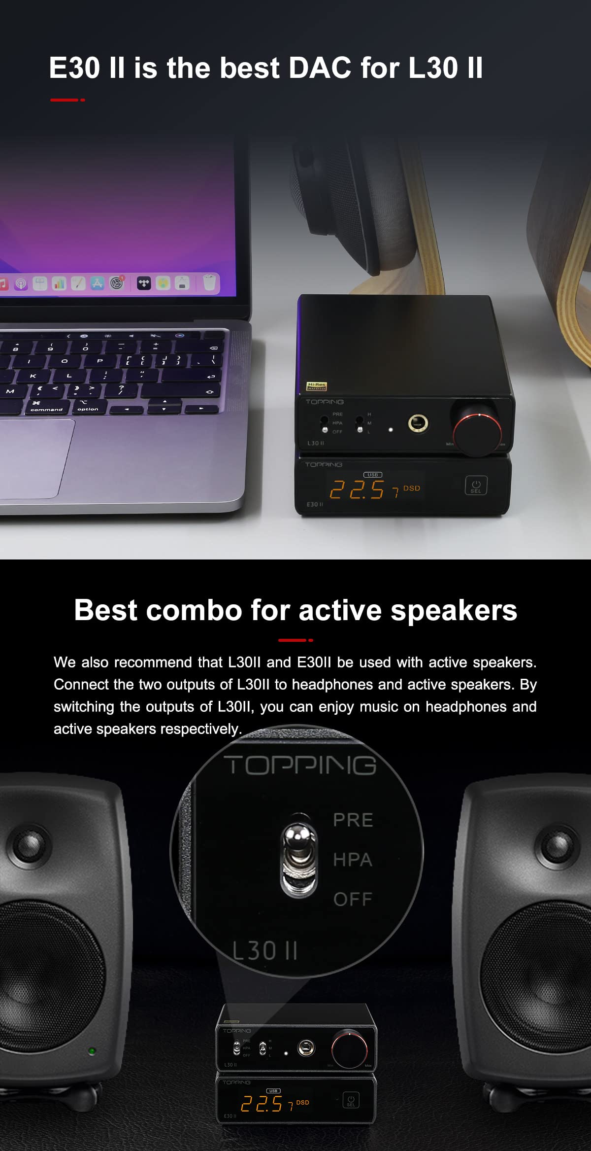 TOPPING L30II NFCA in-use with DAC illustrating clean preamp and headphone path.