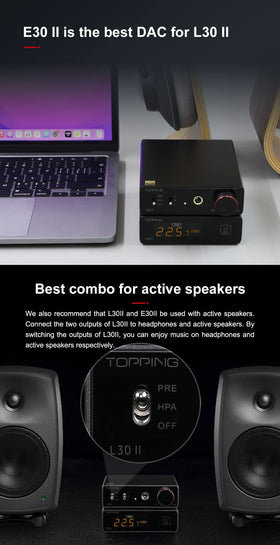 TOPPING L30II NFCA in-use with DAC illustrating clean preamp and headphone path.