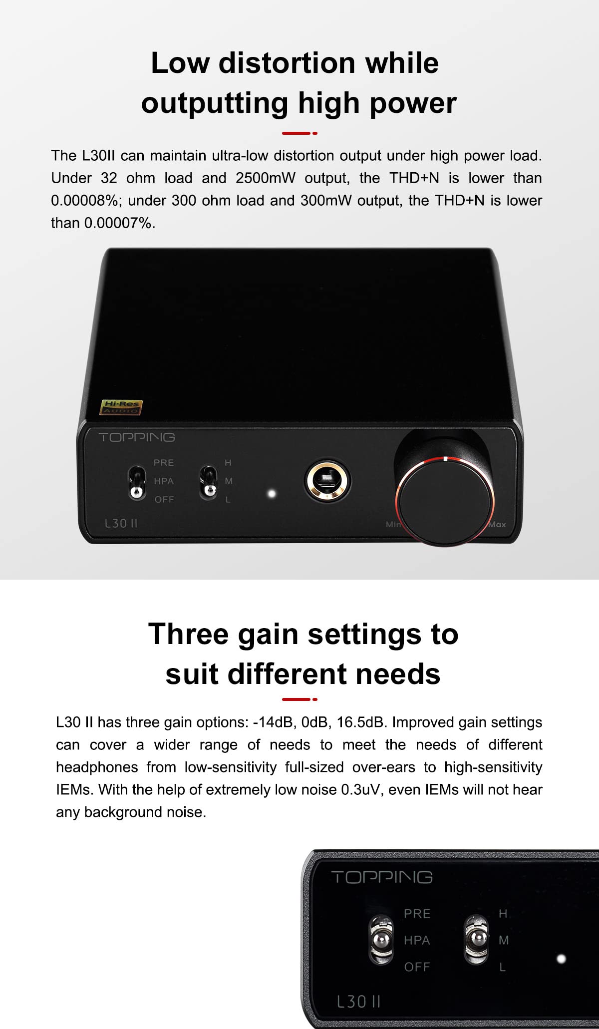 TOPPING L30II NFCA LED indicators showing power and mode at a glance.