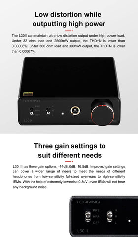 TOPPING L30II NFCA LED indicators showing power and mode at a glance.