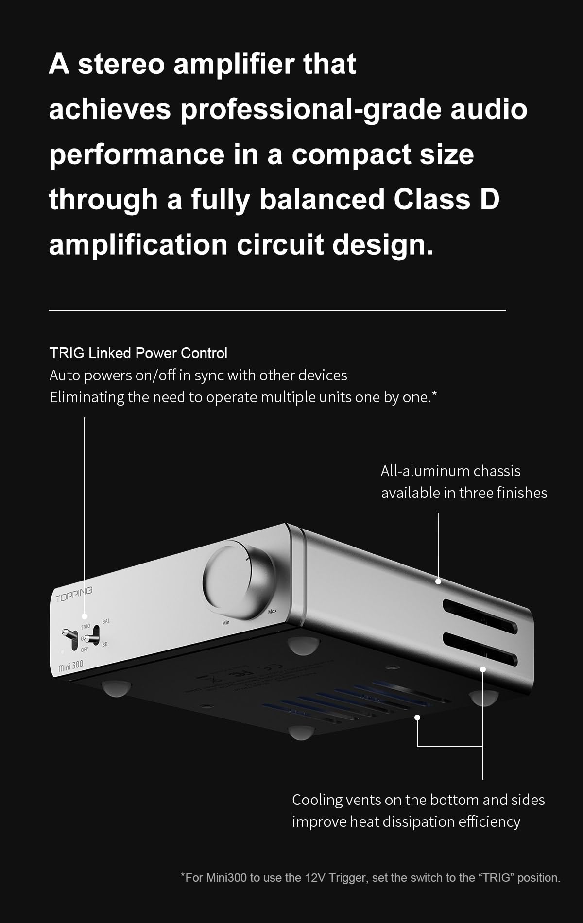 TOPPING Mini300 TRIG auto-sync enables synchronized power with compatible gear.