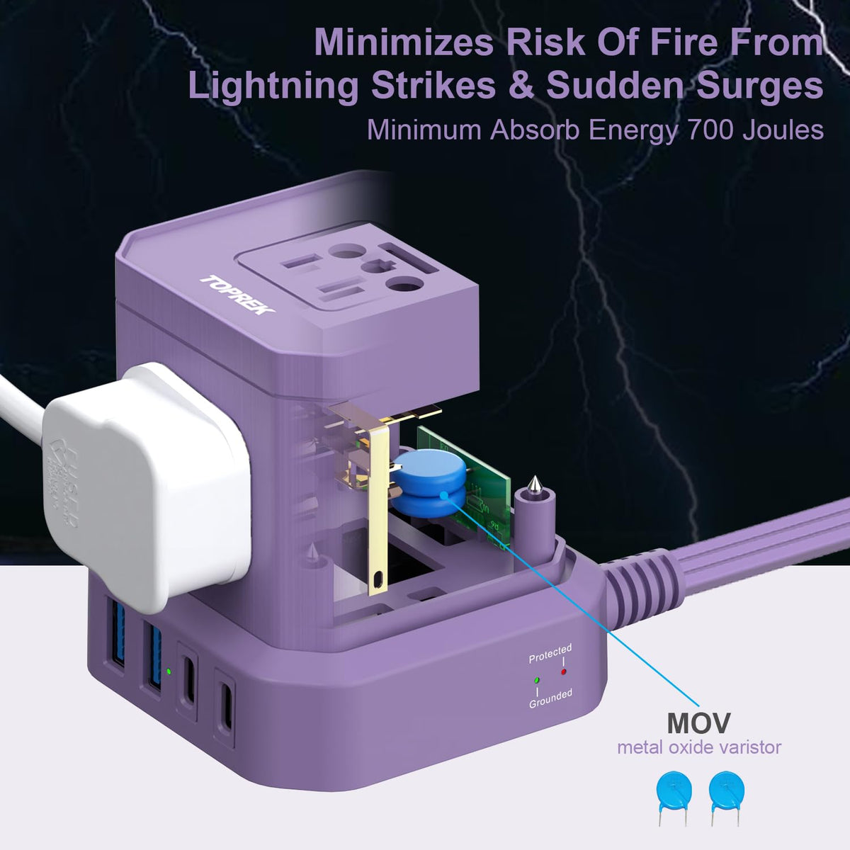 TOPREK power strip with 5 outlets for versatile device charging.